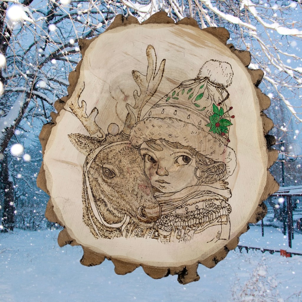 pyrography of a reindeer with a little child