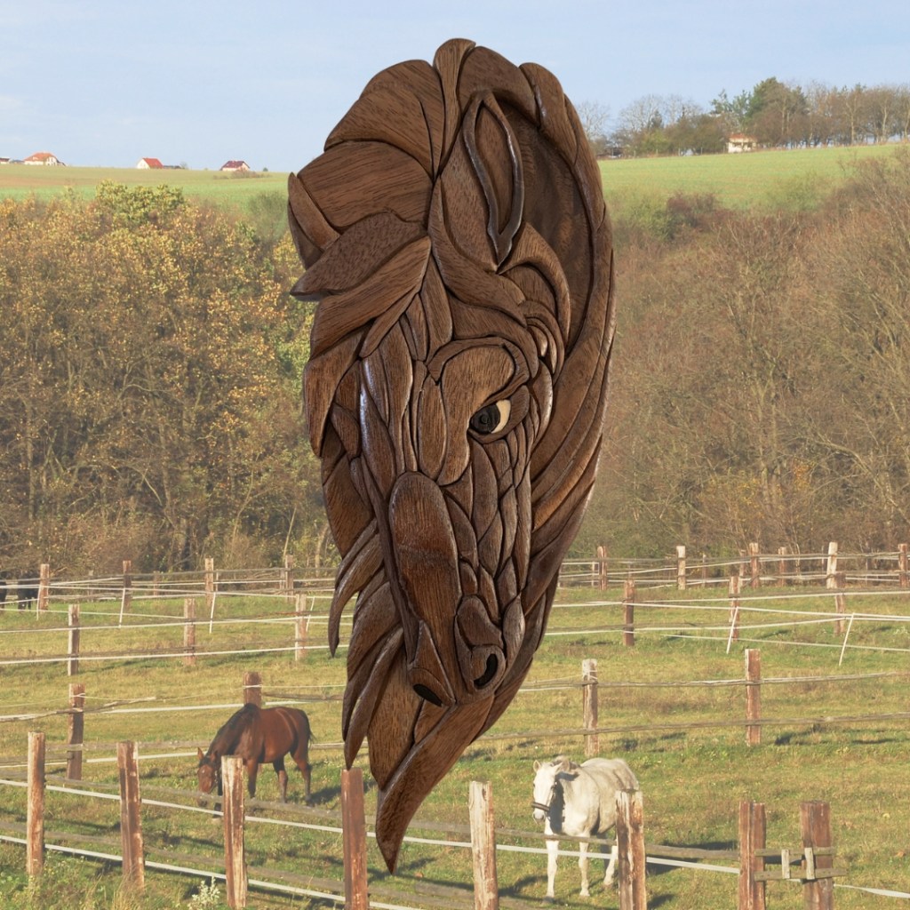 watchful stallion wood intarsia  walnut